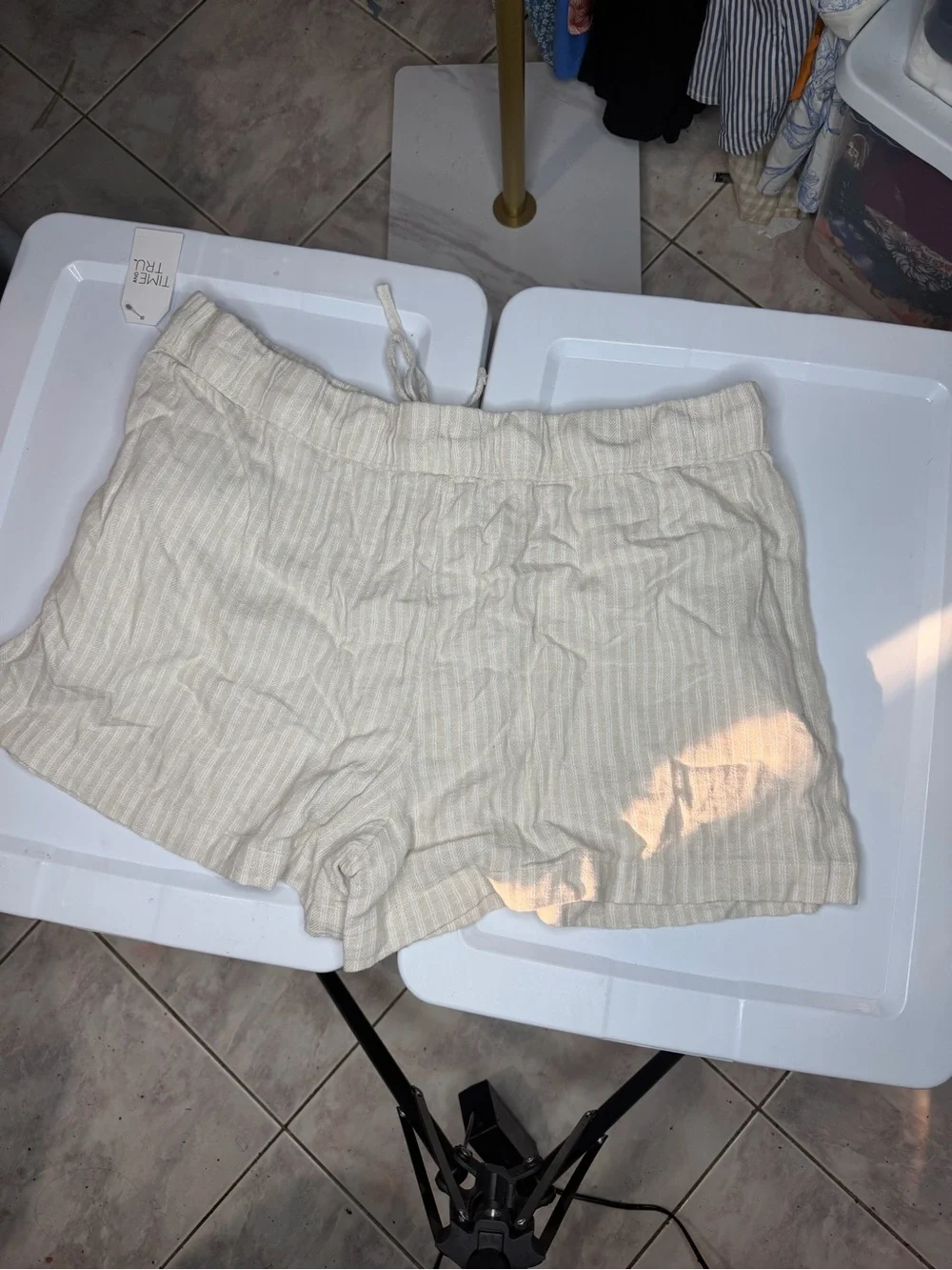 Time and Tru Light Cream Striped Drawstring Shorts